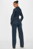 SC Washed Long Sleeve Patchwork Denim Jumpsuit LX-6039