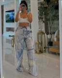 SC Printed Faux Denim Drawstring Relaxed Straight Pants GSMJ-6988