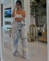 SC Printed Faux Denim Drawstring Relaxed Straight Pants GSMJ-6988