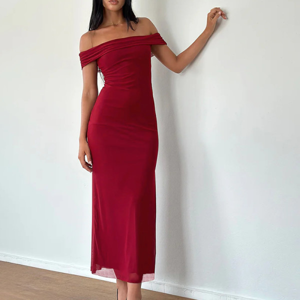 SC Mesh One Shoulder Split Maxi Dress FL-XY24669DGD