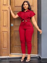 SC Lapel Ruffled Sleeve Single-breasted Lace-up Pants Set BS-1375