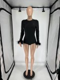 SC Feather Splicing Long Sleeve Backless Romper QXLB-10099