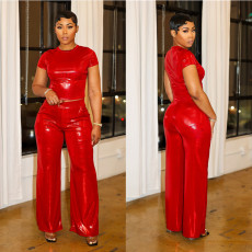 SC Hot Stamping Solid Color Short Sleeve Wide Leg Pants Set YNSF-2673