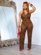 SC Leopard Print Halterneck Loose Two Piece Pants Set SFY-646