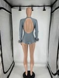 SC Feather Splicing Long Sleeve Backless Romper QXLB-10099