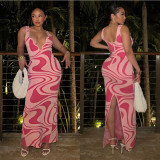 SC Print Backless Hollow Out Sling Maxi Dress YNSF-2675