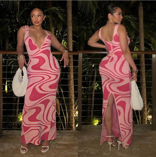 SC Print Backless Hollow Out Sling Maxi Dress YNSF-2675