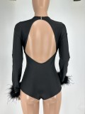 SC Feather Splicing Long Sleeve Backless Romper QXLB-10099