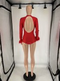 SC Feather Splicing Long Sleeve Backless Romper QXLB-10099