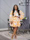SC Print Zipper Loose Bubble Sleeve Blouse Skirts Suit SFY-653