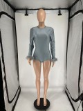 SC Feather Splicing Long Sleeve Backless Romper QXLB-10099