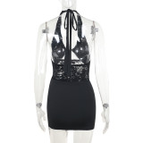 SC Lace Hollow Out Patchwork Halterneck Mini Dress FL-XY24624DGO