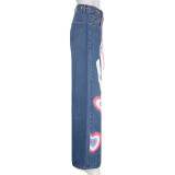 SC Contrast Color Heart Graffiti Print Loose Jeans GMWF-AL69572