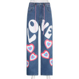 SC Contrast Color Heart Graffiti Print Loose Jeans GMWF-AL69572
