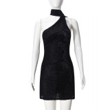 SC Sexy Solid Color Halterneck Backless Mini Dress GNZD-32423DBY