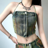 SC Washed Zipper Wrap Chest Denim Vest GMWF-AL8889