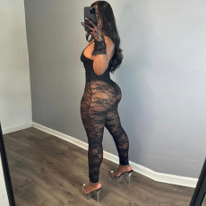 SC Patchwork See-through Hollow Out Jumpsuit GNZD-51315JHD