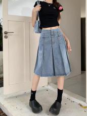 SC Washed Denim Pleated Mid-length Skirt GMWF-55698