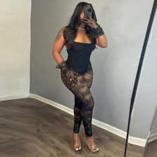 SC Patchwork See-through Hollow Out Jumpsuit GNZD-51315JHD