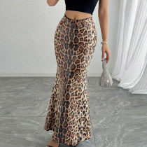 SC Leopard Print Sequin Patchwork Double Layered Long Skirt GNZD-51515DHD