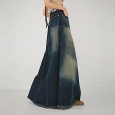 SC Color Block Low Waist A-Line Denim Long Skirt GMWF-9626