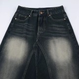 SC Color Block Low Waist A-Line Denim Long Skirt GMWF-9626