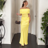 SC One Shoudler Pleated Solid Color Maxi Dress GPBY-17166