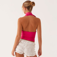 SC Solid Color Deep V Neck Tie Up Tops GPBY-17158