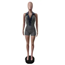 SC Lapel Sleeveless Denim Romper MEM-88630