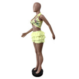 SC Sexy Print Ruffles Sleeveless Two Piece Short Set MEM-88632