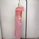 SC One Shoudler Pleated Solid Color Maxi Dress GPBY-17166