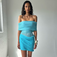 SC One Shoulder Mesh Hollow Out Pleated Mini Dress GPBY-17169