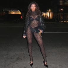 SC Lace Hollow Out Mesh Socking Zipper Jumpsuit MXBF-Y24JP659-BK