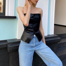 SC Single-breasted PU Leather Wrap Chest Top GPBY-1451
