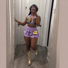 SC Lapel Neck Print Tops And Cake Skirt 2 Piece Set GDYF-6805