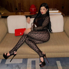 SC Lace Hollow Out Mesh Socking Zipper Jumpsuit MXBF-Y24JP659-BK