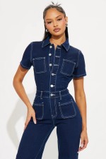 SC Fashion Denim Short Sleeve Wide Leg Jumpsuit LX-6042