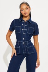 SC Fashion Denim Short Sleeve Wide Leg Jumpsuit LX-6042