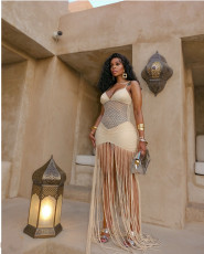 SC Sexy Mesh Pleated Tassel Sling Maxi Dress GLYK-LX0110
