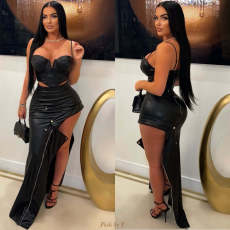 SC PU Leather Metal Zipper Sexy Split Half-body Skirt YNSF-2679