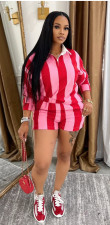 SC Stripe Lapel Tops Shorts Two Piece Set QOUY-M6056