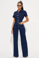 SC Fashion Denim Short Sleeve Wide Leg Jumpsuit LX-6042