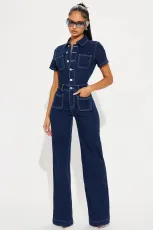 SC Fashion Denim Short Sleeve Wide Leg Jumpsuit LX-6042