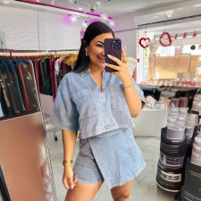SC POLO Short Sleeve Shirt Skirt Denim 2 Piece Set GLYK-LX044