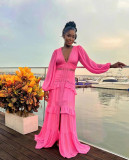 SC Patchwork Long Sleeve V Neck Maxi Dress GLYK-LX067