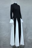 SC Black White Contast Color Ruffles Sleeve Maxi Dress GLYK-LX0105
