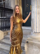 SC Sleeveless Hot Stamp Press Pleated Maxi Dress GLYK-LX054