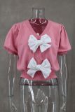 SC V-Neck Short Sleeve Double Bow Solid Sweater GLYK-LX045
