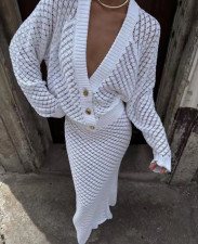 SC Solid Color Hollow Out Cardigan Two Piece Skirts Set GLYK-LX066