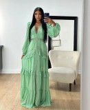 SC Patchwork Long Sleeve V Neck Maxi Dress GLYK-LX067